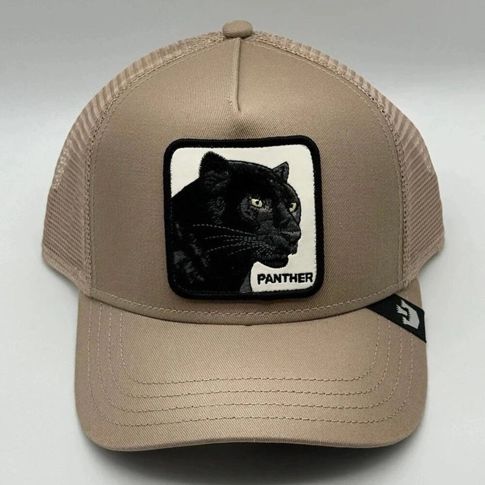 Goorin Bros The Farm Black Panther Leather Patch Solid Tan Trucker Hat Snapback